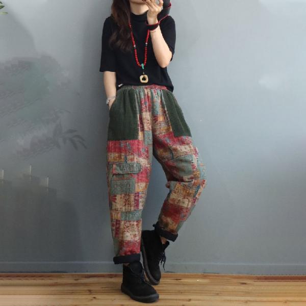 Ethnic Folk Printed Tapered Pants Cotton Linen Quilted Trousers