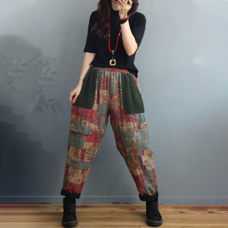 Ethnic Folk Printed Tapered Pants Cotton Linen Quilted Trousers in ...