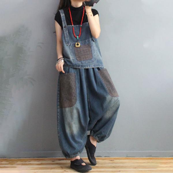 Little Plaid Pockets Denim Vest with Balloon Harem Pants