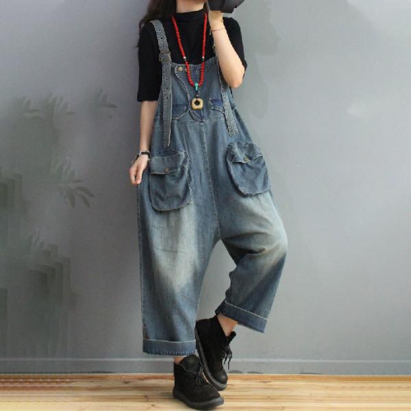 Pockets Decoration Stone Wash Overalls Womens Denim Dungarees