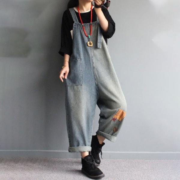 Colored Patchwork Baggy Dungarees Light Wash Bib Overalls