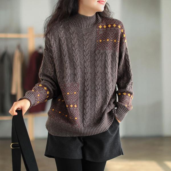 High Neck Folk Pattern Cotton Sweater Oversized Cable Knit Sweater