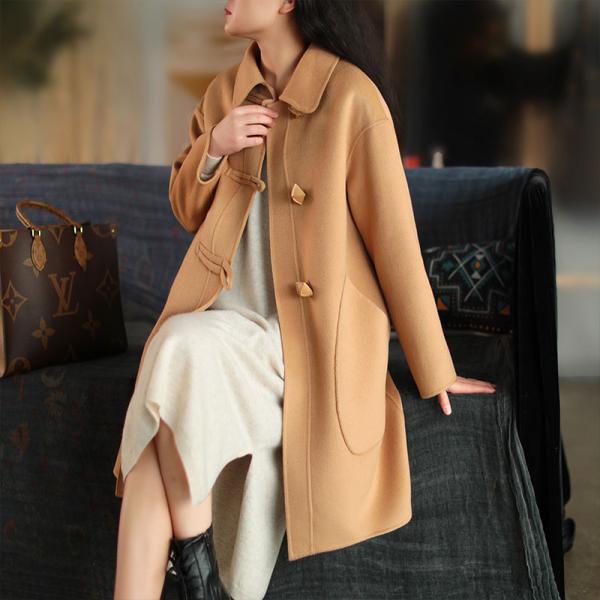 Leather Buttons Midi Overcoat Wool Tweed H-Shaped Coat