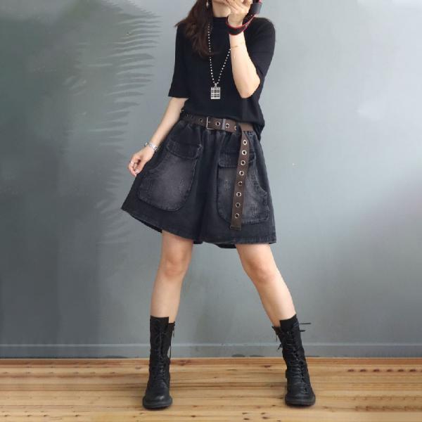 Big Pockets Baggy Jean Shorts Black Wide Leg Shorts for Women