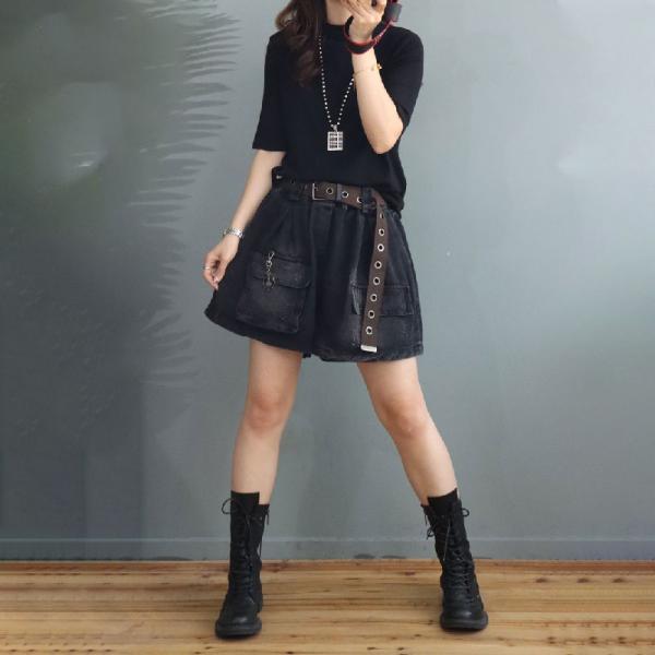 Street Style Summer Denim Shorts Flap Pockets Black Short Jeans