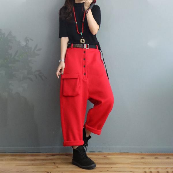 Button Down Thick Cotton Loose Pants Pockets Fleeced Trousers