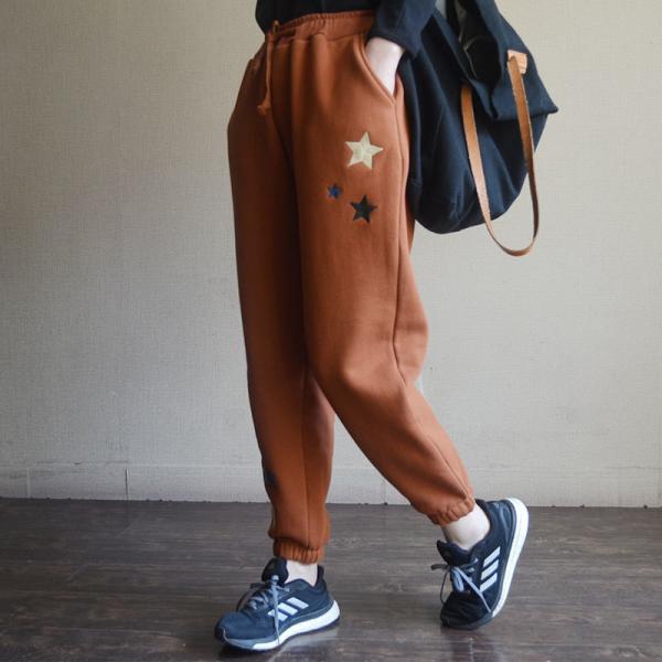 Stars and Letter Embroidery Cotton Pants Fleeced Tapered Pants for Women
