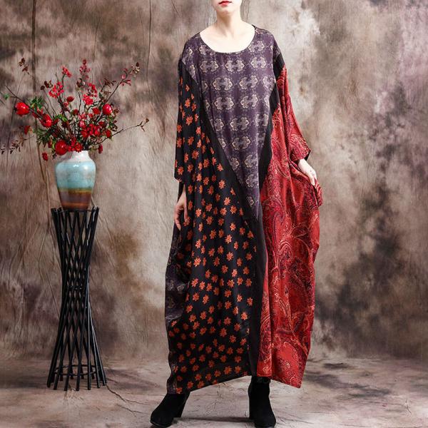 Bat Sleeve Red Silky Moroccan Dress Printed Plus Size Caftan