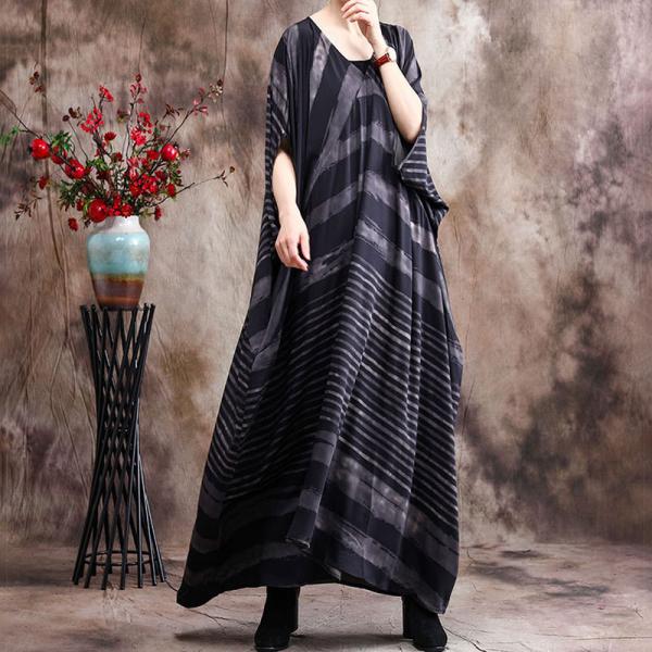 V-Neck Chunky Striped Church Dress Silk Plus Size Modest Clothing