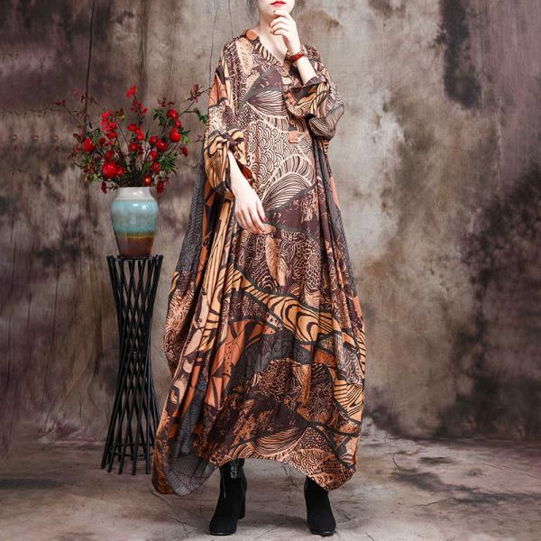 Bat Sleeve Dense Printed Cocoon Dress Over50 Style Maxi Dress