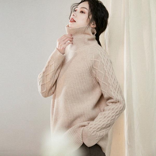 Sheep Wool Chunky Cable Knit Sweater Loose Turtleneck Sweater