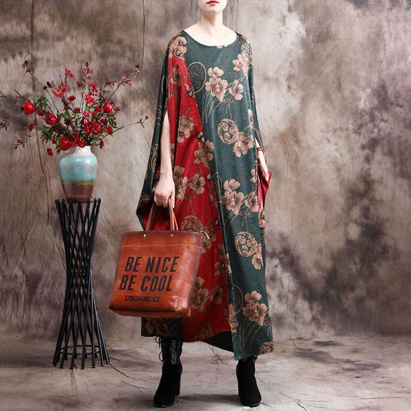 Flowers Prints Silk Plus Size Caftan Contrast Colored Vintage Dress