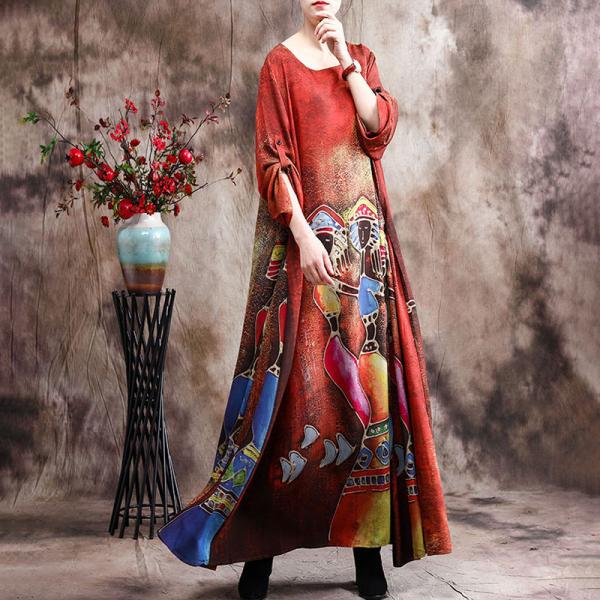 Tribal Character Prints Red Flare Dress Silk Satin Long Frock