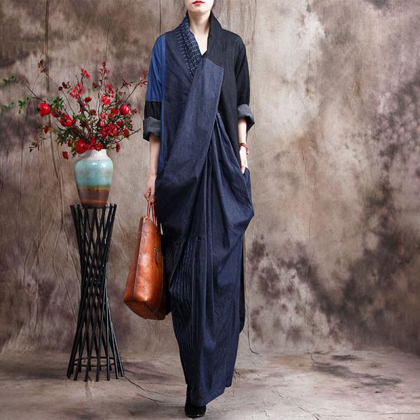 Front Cross Blue Denim Maxi Dress Belted Loose Wrap Dress