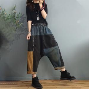 Color Blocks Denim Hammer Pants Low Crotch Fleece Jeans