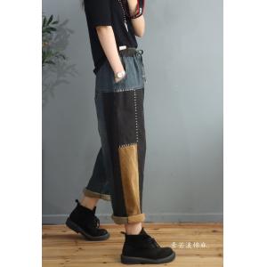 Color Blocks Denim Hammer Pants Low Crotch Fleece Jeans