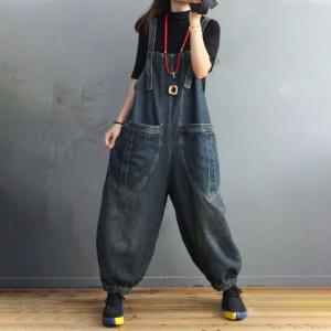 Big Straight Pockets Balloon Overalls Stone Wash Womens Dungarees