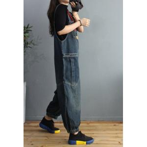 Big Straight Pockets Balloon Overalls Stone Wash Womens Dungarees