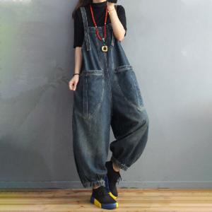 Big Straight Pockets Balloon Overalls Stone Wash Womens Dungarees