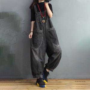 Big Straight Pockets Balloon Overalls Stone Wash Womens Dungarees