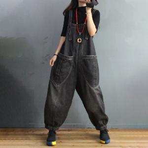 Big Straight Pockets Balloon Overalls Stone Wash Womens Dungarees