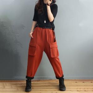 Leisure Style Flap Pocket Fleeced Pants Cotton Relax Fit Cargo Pants