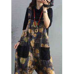 Ginkgo Leaf Casual Bib Overalls Cotton Loose Dungaree for Women
