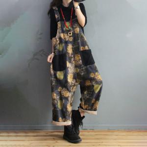 Ginkgo Leaf Casual Bib Overalls Cotton Loose Dungaree for Women