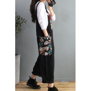 Colorful Leaf Prints Black Dungarees Relax-Fit Denim Overalls