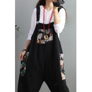 Colorful Leaf Prints Black Dungarees Relax-Fit Denim Overalls