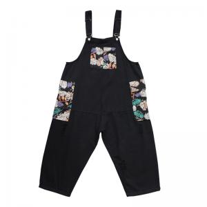 Colorful Leaf Prints Black Dungarees Relax-Fit Denim Overalls