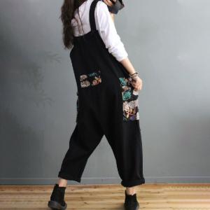 Colorful Leaf Prints Black Dungarees Relax-Fit Denim Overalls