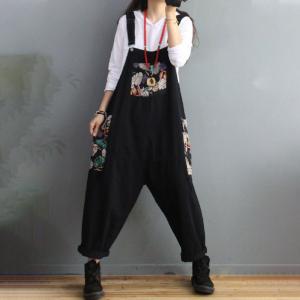 Colorful Leaf Prints Black Dungarees Relax-Fit Denim Overalls