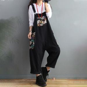 Colorful Leaf Prints Black Dungarees Relax-Fit Denim Overalls