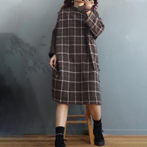 British Style Quilted Plaid Dress Cotton Linen Knee Length Dress