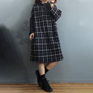 British Style Quilted Plaid Dress Cotton Linen Knee Length Dress