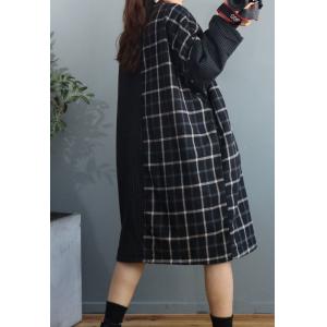 British Style Quilted Plaid Dress Cotton Linen Knee Length Dress