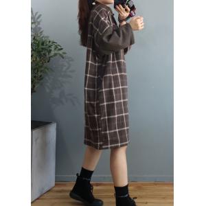 British Style Quilted Plaid Dress Cotton Linen Knee Length Dress