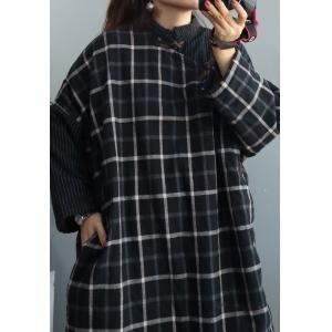 British Style Quilted Plaid Dress Cotton Linen Knee Length Dress