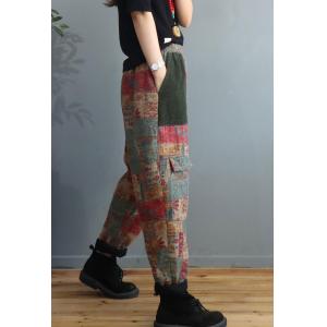 Ethnic Folk Printed Tapered Pants Cotton Linen Quilted Trousers