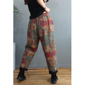 Ethnic Folk Printed Tapered Pants Cotton Linen Quilted Trousers