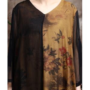 Black Silk Splicing Midi Chinese Dress Printed Vintage Qipao Dress