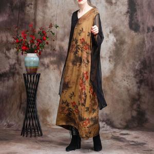 Black Silk Splicing Midi Chinese Dress Printed Vintage Qipao Dress