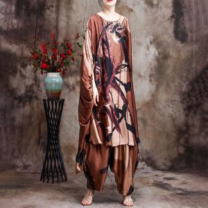 Artistic Printing Spring Large Midi Dress with Silky Palazzo Pants