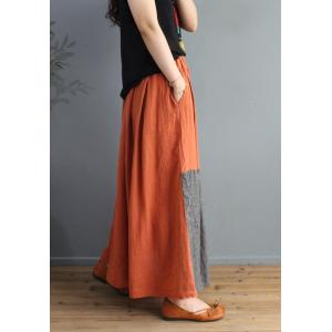 Contrast Colors Plaid Skirt Cotton Linen Maxi Skirt