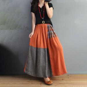 Contrast Colors Plaid Skirt Cotton Linen Maxi Skirt