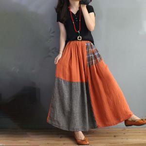 Contrast Colors Plaid Skirt Cotton Linen Maxi Skirt