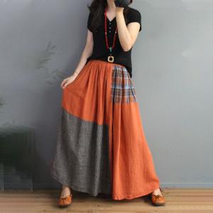 Contrast Colors Plaid Skirt Cotton Linen Maxi Skirt