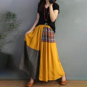 Contrast Colors Plaid Skirt Cotton Linen Maxi Skirt