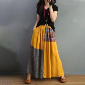 Contrast Colors Plaid Skirt Cotton Linen Maxi Skirt